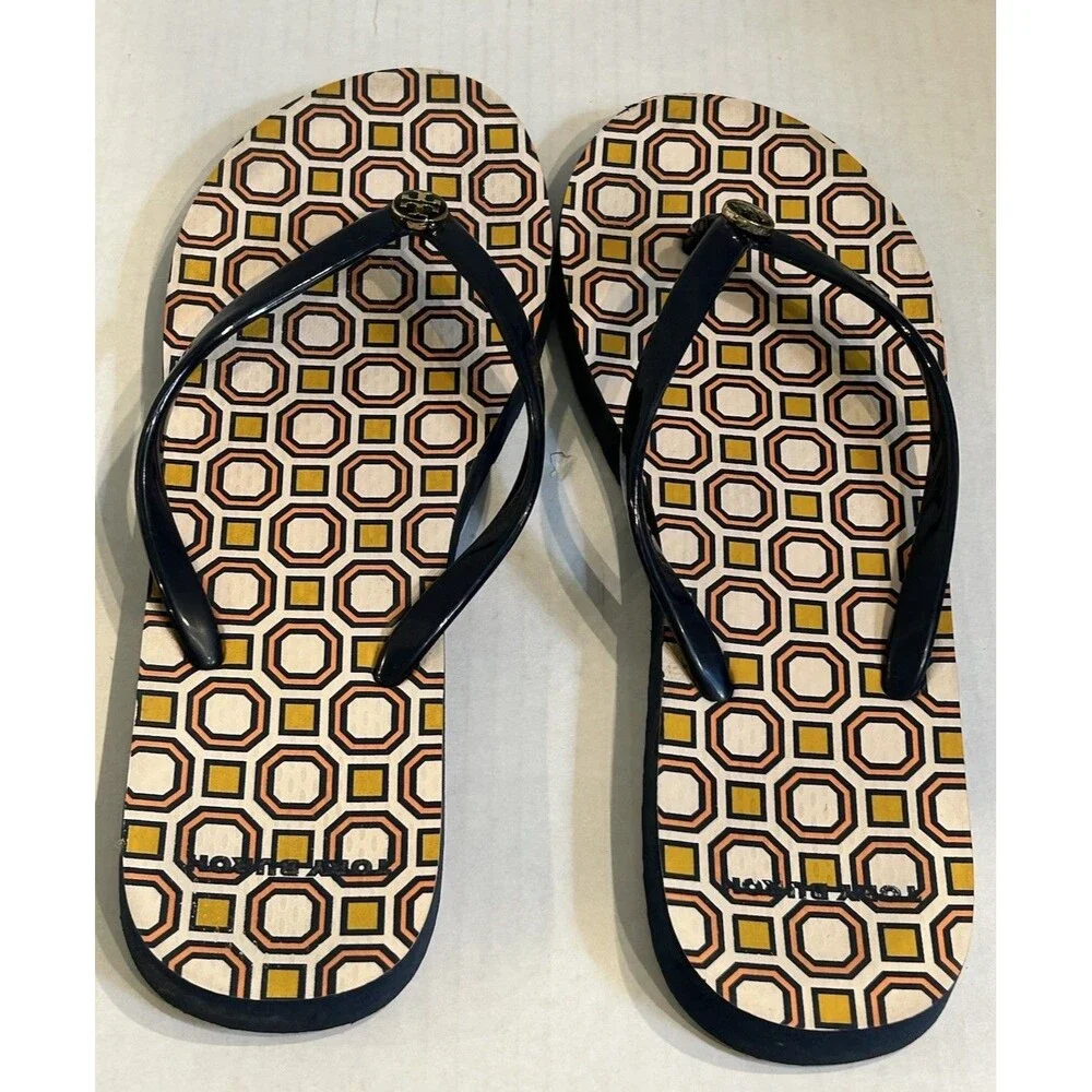 Tory Burch Flip Flops Slippers Womens Size 7.5-8 Geometric Pattern Slip On
